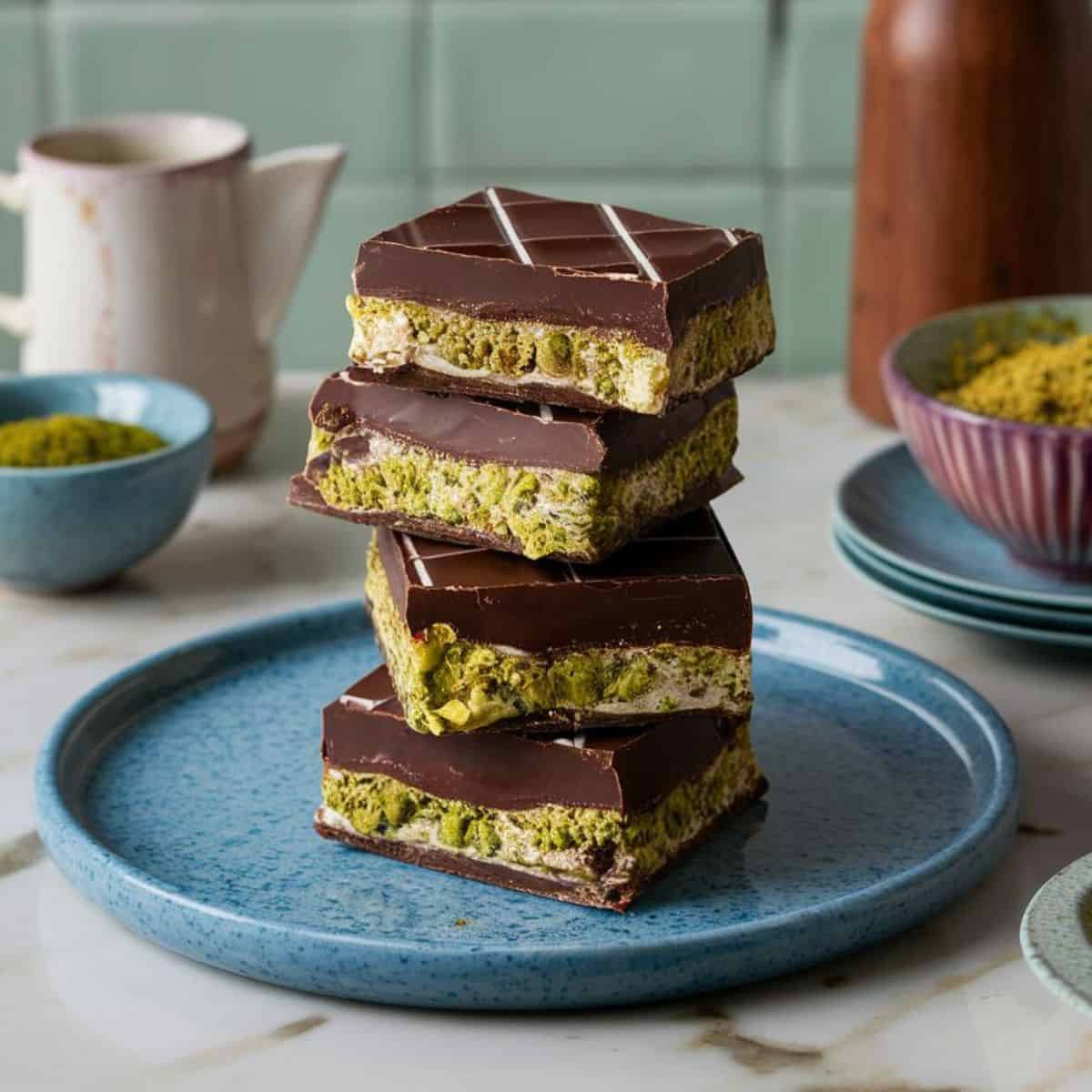 pistachio chocolate bars on a white marble counter
